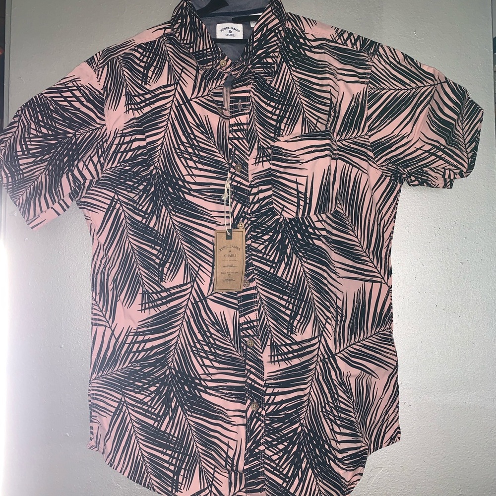 New Pink palm leaf print men’s shirt